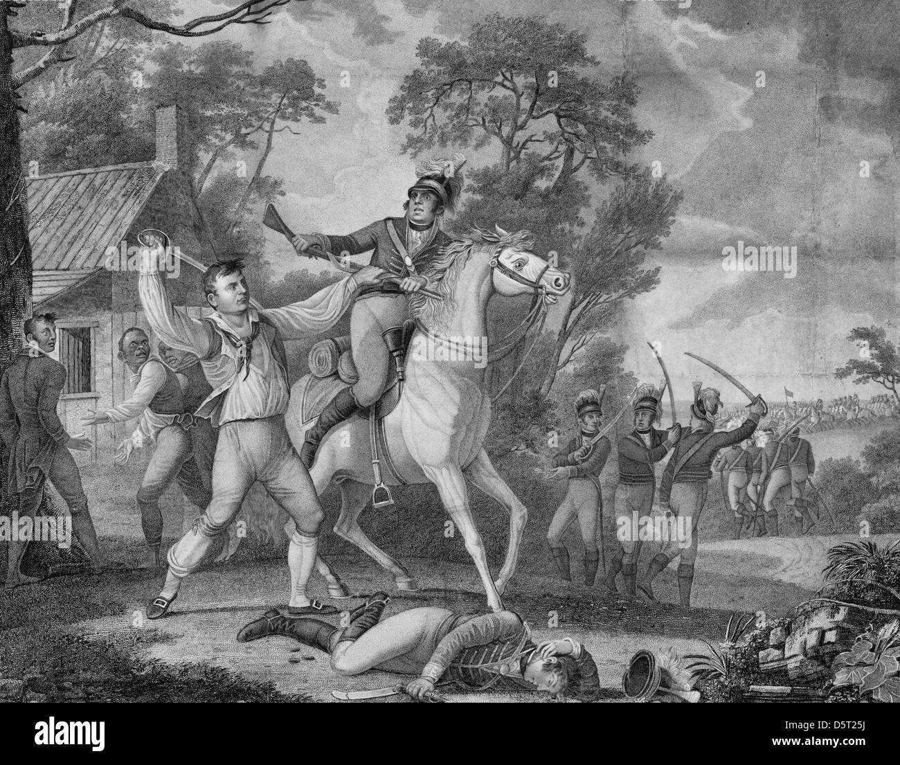 Diese Darstellung des Peter Francisco tapfere Aktion mit neun Tarletons Kavallerie während Amerikanischer revolutionärer Krieg Stockfoto