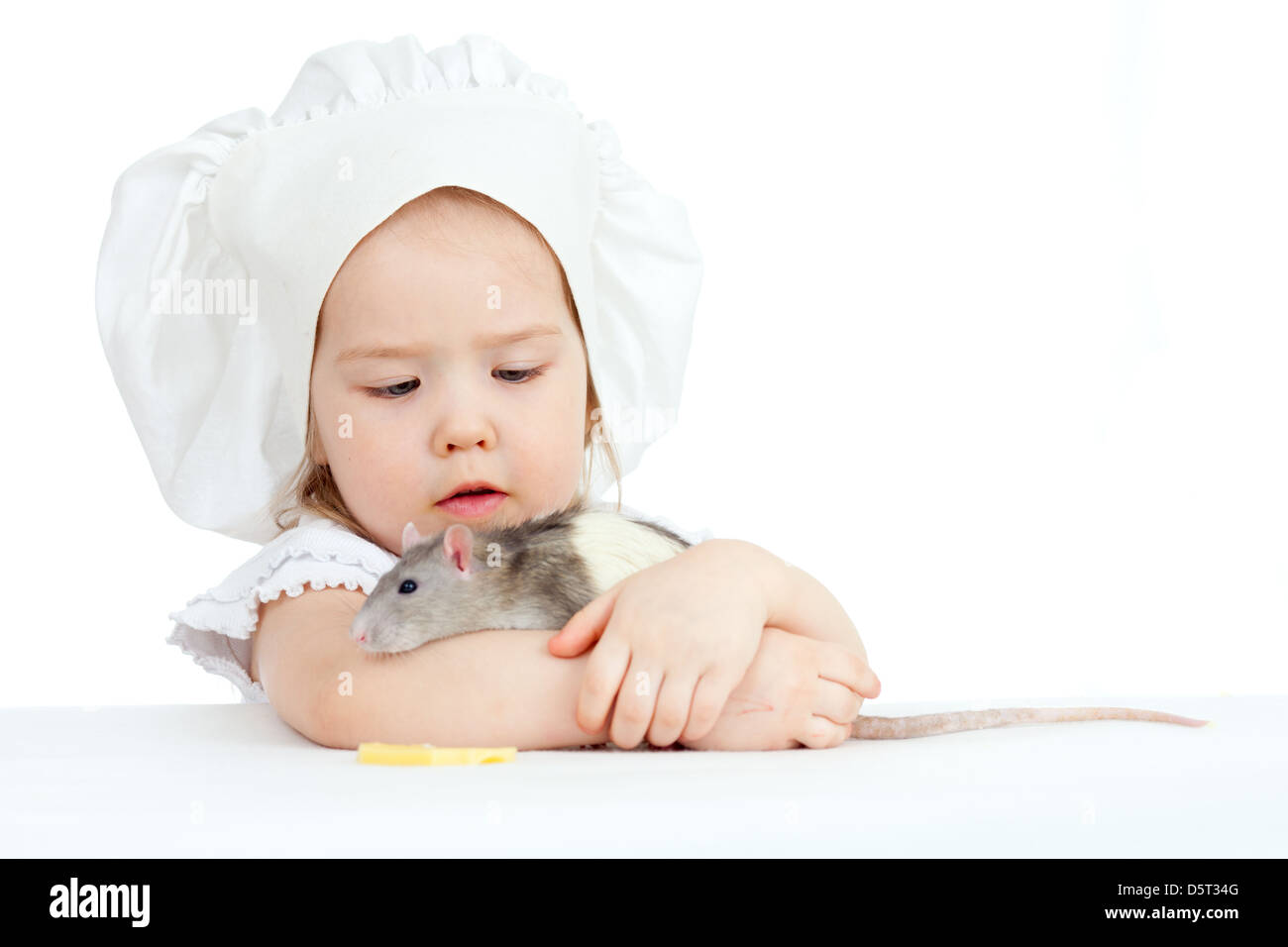Kleine Mädchen umarmen inländischen Ratte auf weißem Hintergrund Stockfoto