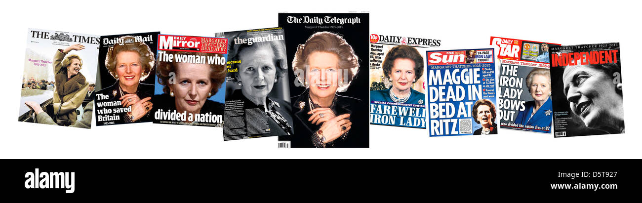 National Zeitung Titelseiten den Tod des ehemaligen britischen Premierministers Margaret Thacher Berichterstattung. 9. April 2013. James Boardman / Alamy Live News Stockfoto