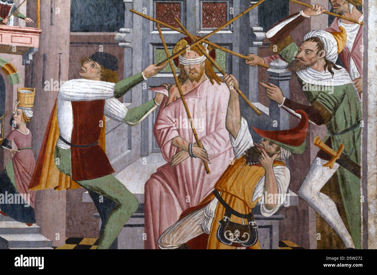 Jesus Christus wurde auf Befehl von Herodes Fresko (1492-1530) von Giovanni Canavesio Notre Dame des Fontaines Chapel La Brigue Roya Valley France geschlagen Stockfoto