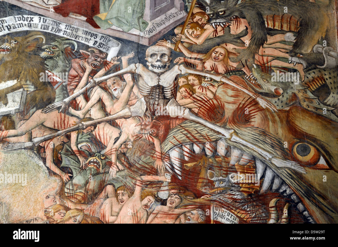 Die Verdammten oder Sünder im Höllenfresko (1492-1530) von Giovanni Canavesio Notre-Dame des Fontaines Chapel La Brigue Roya Valley Alpes-Maritimes Frankreich Stockfoto