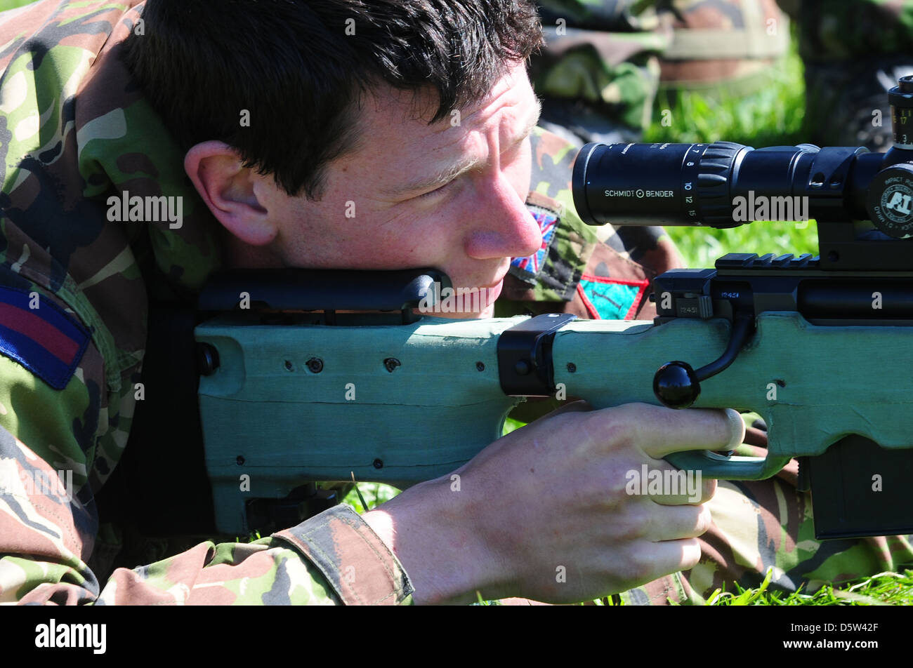 Britische Infanterie Soldat sieht man blickte das Zielfernrohr der neuen britischen gefertigte Langstrecken L115A3 Scharfschützengewehr Stockfoto