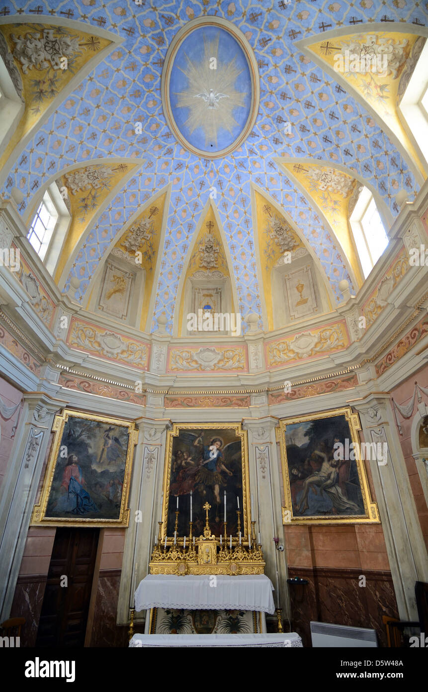 Innenausstattung und Decke des Saint-Michel-Chapel La Brigue Roya Valley Alpes-Maritimes Frankreich Stockfoto