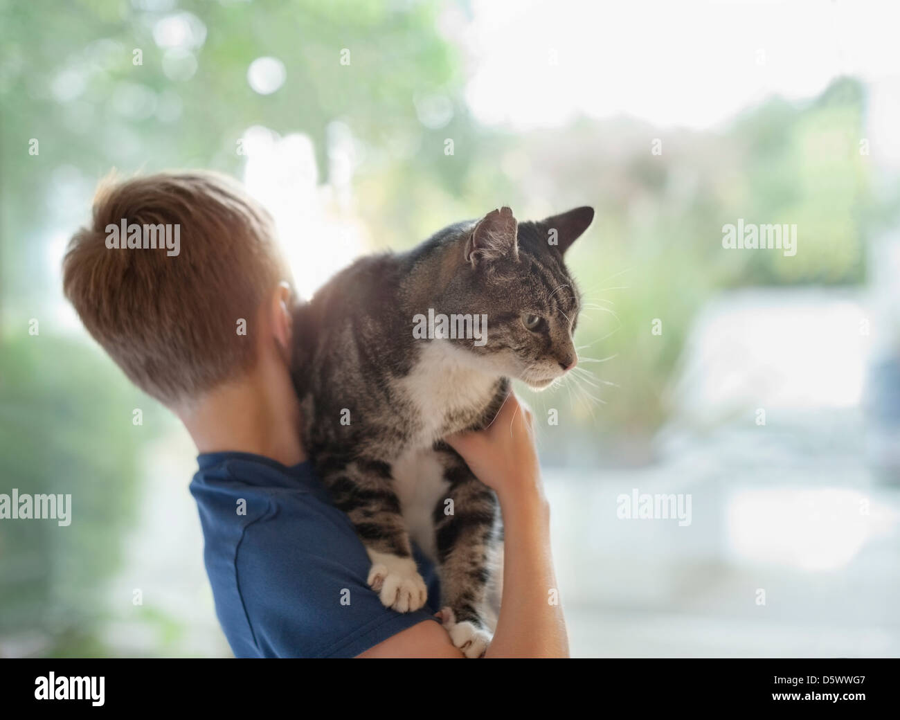 Boy Holding Katze im Haus Stockfoto
