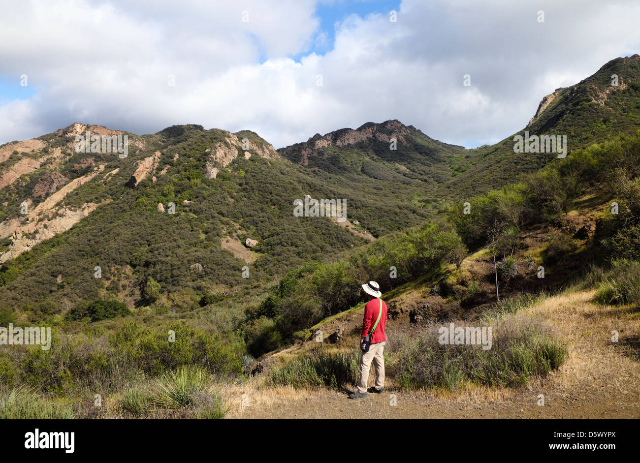 Wanderer blickt auf den Santa Monica Mountains von Lost Kabine Trail im Malibu Creek State Park Stockfoto