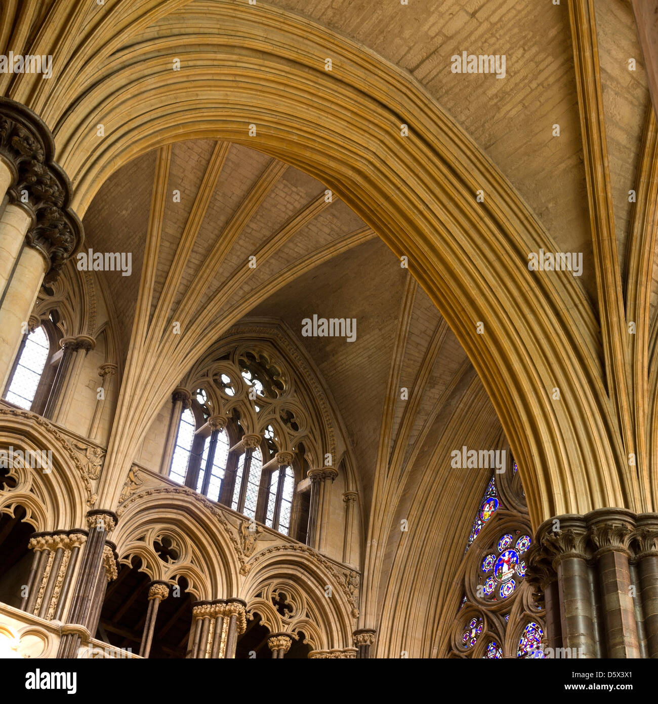 Spitzen gotischen Mauerwerks Bögen, Steinsäulen und gewölbte Decken, Kathedrale von Lincoln, Lincolnshire, England, UK Stockfoto