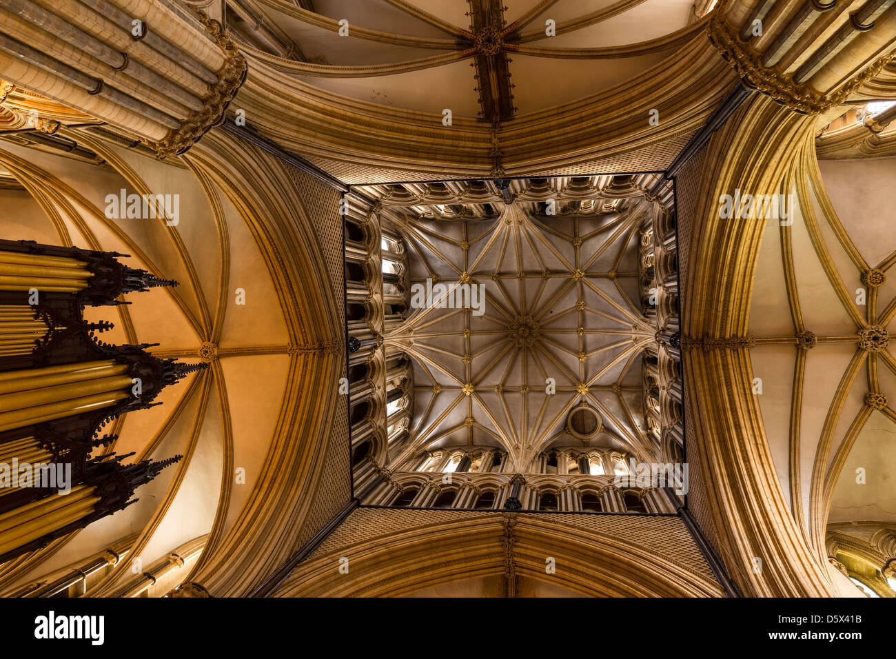 Spitz, gotische Mauerwerk Bögen, Steinsäulen und Gewölbedecken unter den zentralen Turm der Kathedrale von Lincoln, England, UK Stockfoto