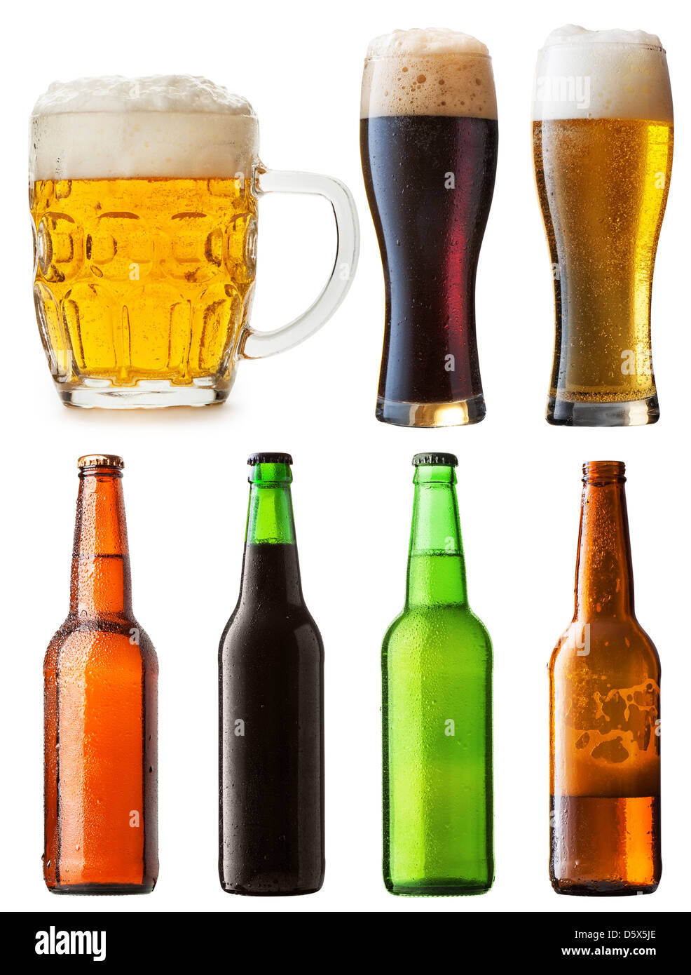 Satz von Flaschen mit Bier isoliert auf weißem Hintergrund Stockfoto