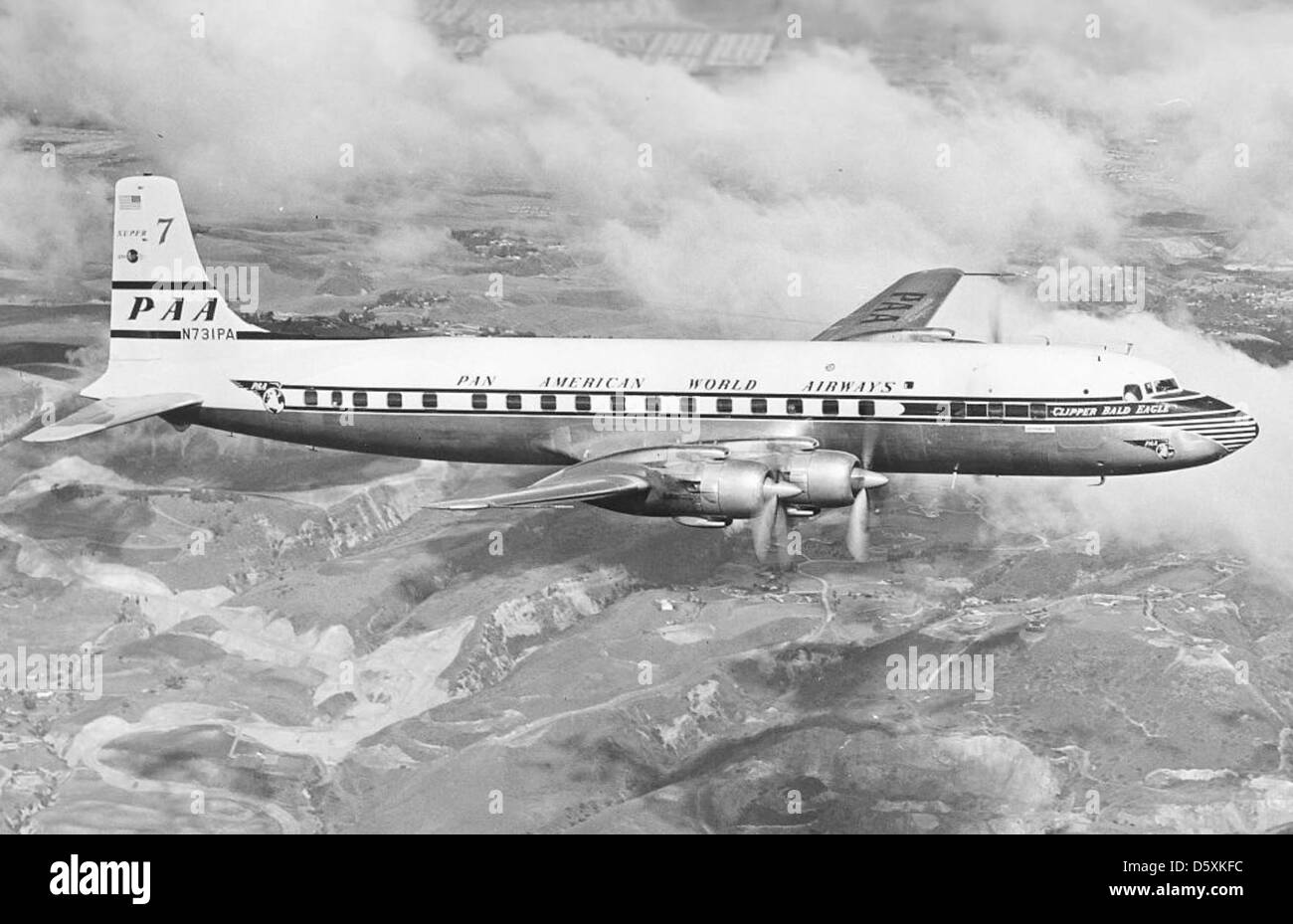 Douglas DC - 7C, N731PA "Clipper-Weißkopf-Seeadler" der Pan American World Airways. Stockfoto