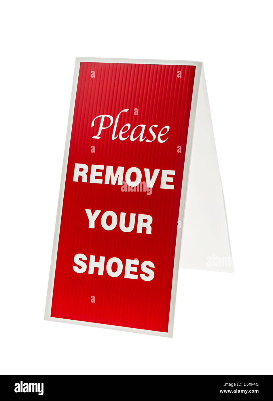 Roten und weißen Schild mit der Aufschrift Bitte entfernen Sie Ihre Schuhe isoliert Stockfoto