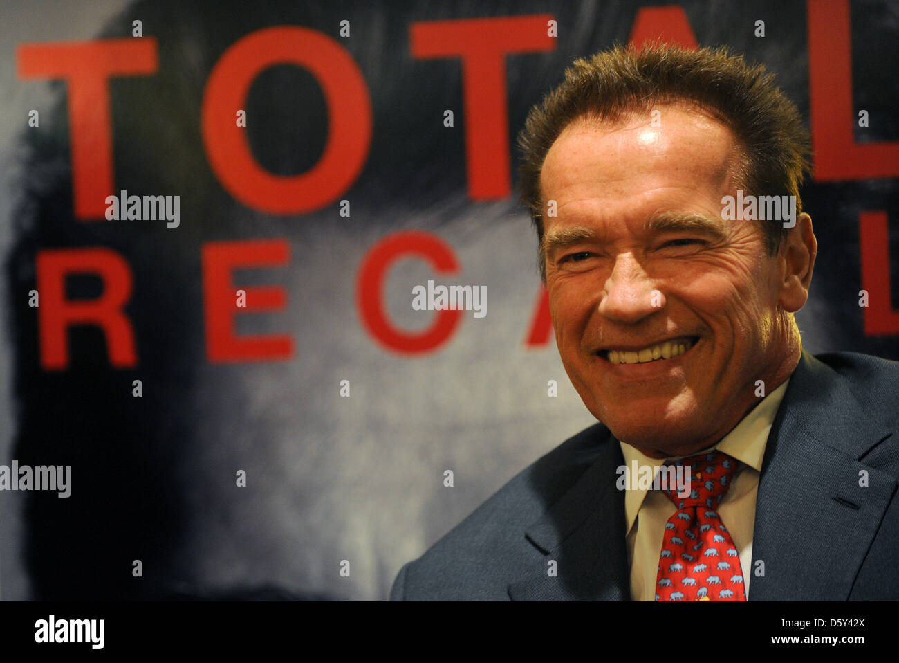 Ehemaliger Gouverneur von Kalifornien und Schauspieler Arnold Schwarzenegger lächelt während einem Presseempfang von Hoffmann und Campe Verlag im Hotel Frankfurter Hof in Frankfurt Main, Deutschland, 10. Oktober 2012. Foto: Uwe Zucchi Stockfoto