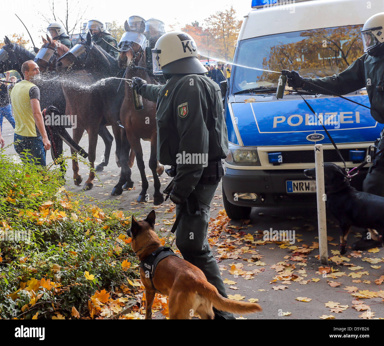 Polizisten sprühen ein Fußball-Fan mit Pfefferspray vor dem Bundesliga-Fußballspiel zwischen Borussia Dortmuns und FC Schalke 04 in Dortmund, Deutschland, 20. Oktober 2012. Hunderte von Fußballfans randalierten vor und nach dem Fußball-Derby am Samstag. Einige ultra-Fans hatten Polizisten angegriffen und blockierte Straßen. Foto: Stephan Schuetze Stockfoto