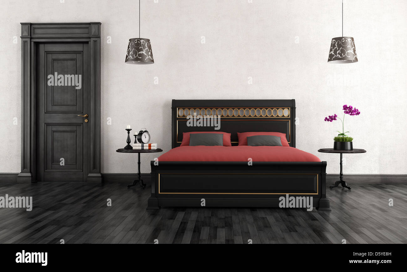 Black And White Vintage Schlafzimmer - Rendern Stockfoto