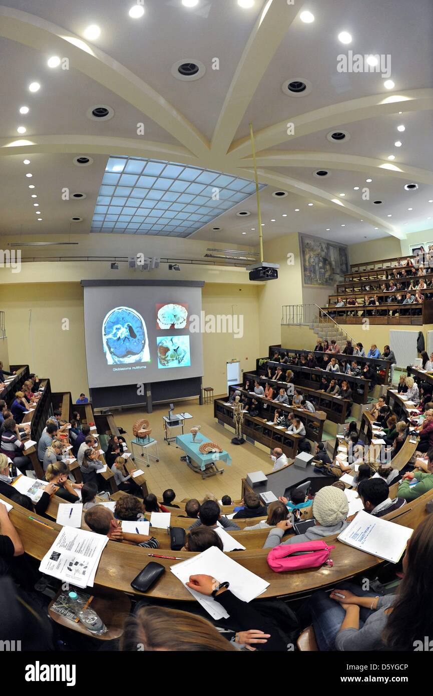 Schülern der Medizin und Zahnmedizin besuchen einen Vortrag über Neuroanatomie von Prof. Dr. Ingo Bechmann im historischen Hörsaal des Instituts für Anatomie an der Universität Leipzig in Leipzig, Deutschland, 18. Oktober 2012. Das zweite älteste Universität Deutschlands, die Lehren und forschen ohne Unterbrechung 32.000 aus dem in- und Ausland Bewerbungen wurde. Die numbe Stockfoto