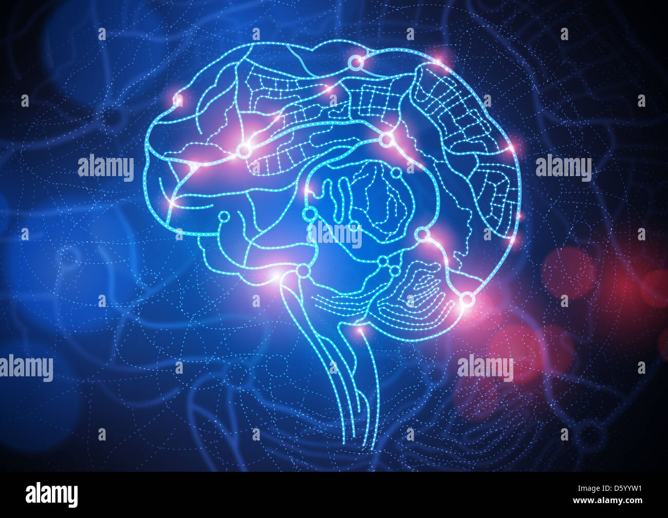 Straßenkarte des Geistes. Konzeptbild, Straßen und Bahnen, aus denen ein menschliches Gehirn. Stockfoto