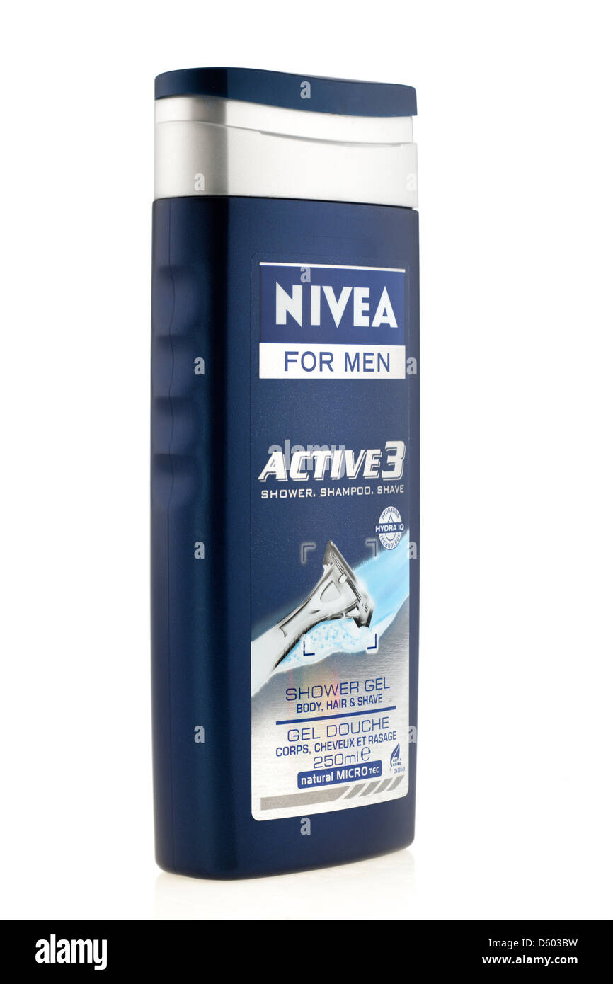 250 ml-Behälter von Nivea für Männer aktiv 3 kombinierte Dusche Körper und Haare plus rasieren gel Stockfoto