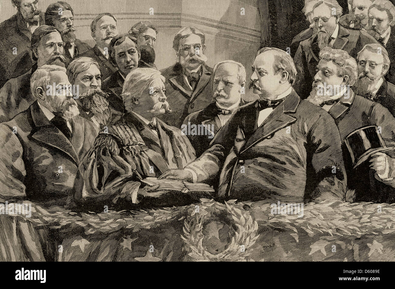 Grover Cleveland (1837-1908). Präsident der Vereinigten Staaten. Proklamation des Präsidenten Cleveland. Gravur. Stockfoto