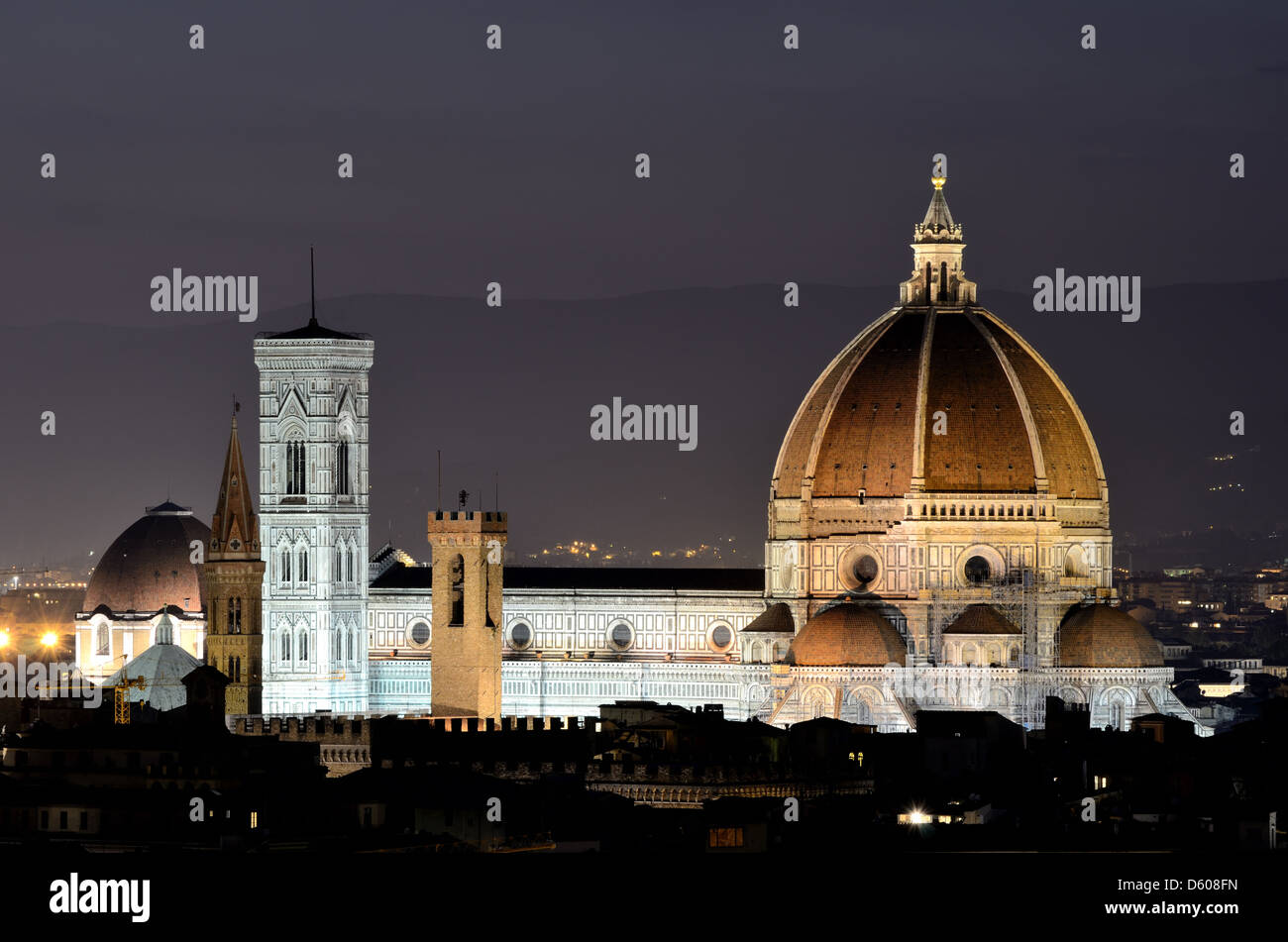 Florenz Kuppel und Campanile-Turm, Nachtansicht, Tuscany Stockfoto