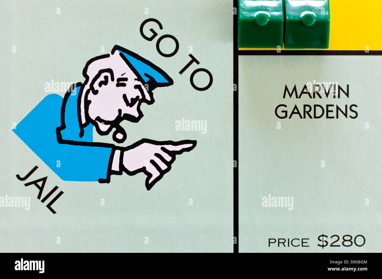 Monopoly Brettspiel - Gehen Sie ins Gefängnis und Marvin Gardens Räume Stockfoto