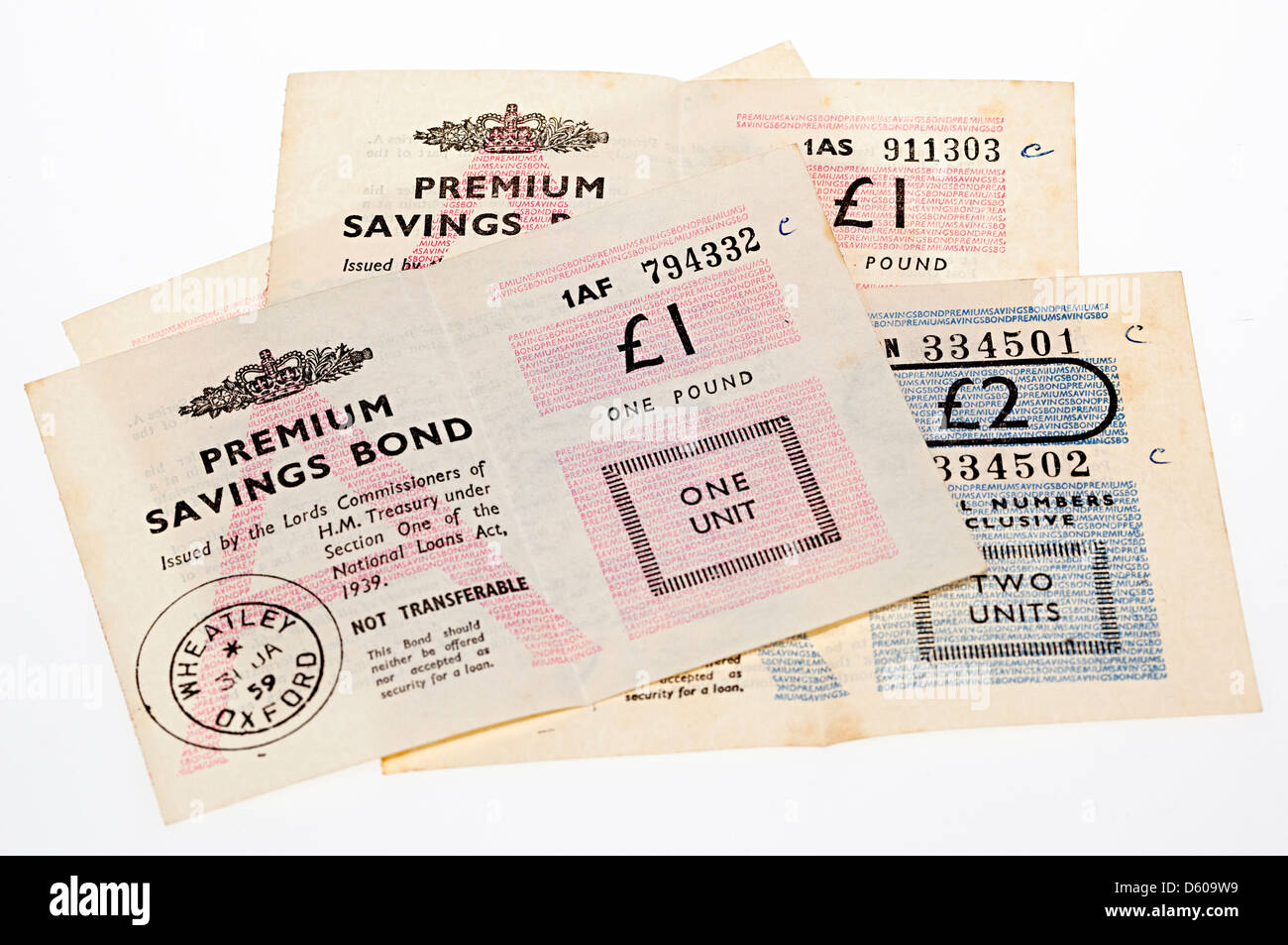 Alten Stil Premium Bond Zertifikate in den 1950er Jahren, UK Stockfoto