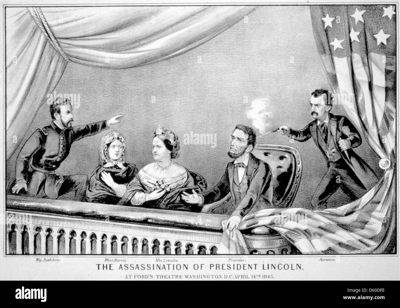 Ermordung von Abraham Lincoln. Henry Rathbone, Clara Harris, Mary Todd  Lincoln, Abraham Lincoln und John Wilkes Booth Stockfotografie - Alamy