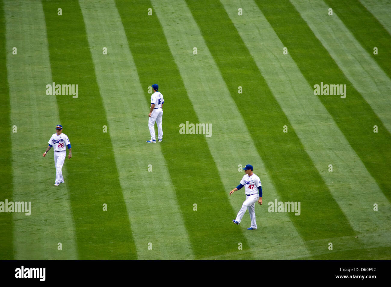 Los Angeles Schwindler Spieler Strecken im Outfield im Rahmen der Pre-game Konditionierung. Stockfoto