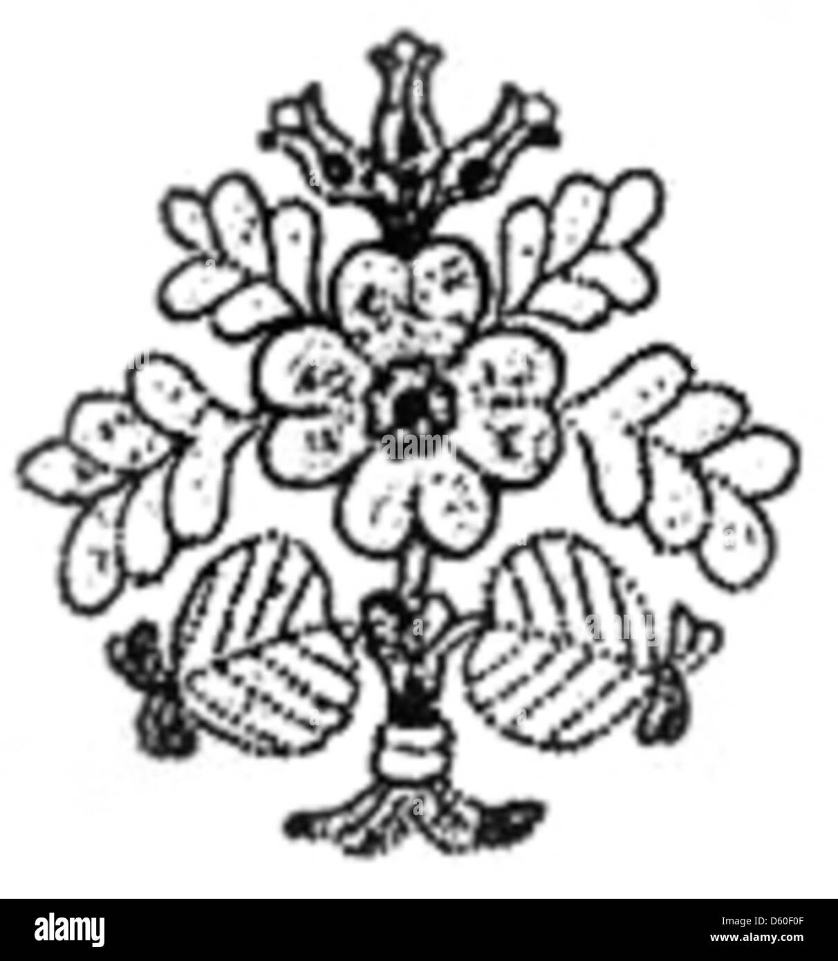Dieses dekorative Bild zeigt ein kompliziertes Blumenmotiv in Kombination mit Pflanzenelementen, das die handwerkliche Verarbeitung in der ornamentalen Kunst unterstreicht. Stockfoto