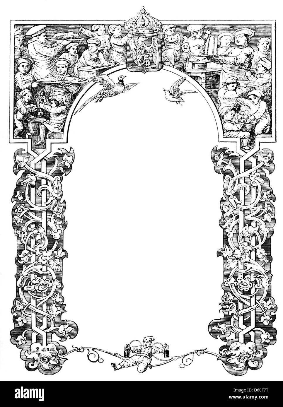 Ein dekoratives Rahmendesign mit der Aufschrift „Border 010“ mit symmetrischen Mustern und komplizierten Details. Diese Grenze ist Teil einer Sammlung von ornamentalen Entwürfen, die häufig in Publikationen und grafischen Designs aus früheren Zeiten verwendet werden. Stockfoto