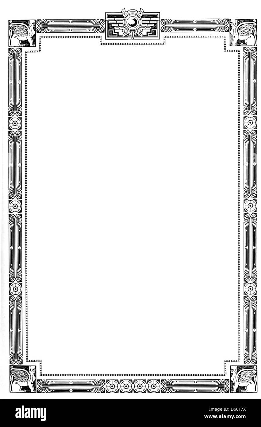 Ein Bild mit einem dekorativen Randdesign, das wahrscheinlich für Druck- oder Grafikdesign bestimmt ist. Das Design umfasst komplizierte Details, Muster und symmetrische Elemente, die häufig in historischen Druckwerken oder künstlerischen Werken zu sehen sind. Stockfoto