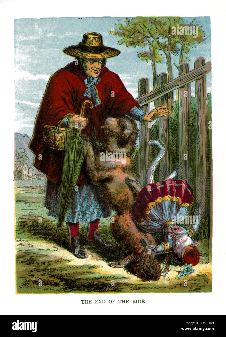 Eine klassische Illustration der Kinderreimfigur Dame Trot, begleitet von ihrer Katze, aus einem frühen Kinderbuch. Stockfoto