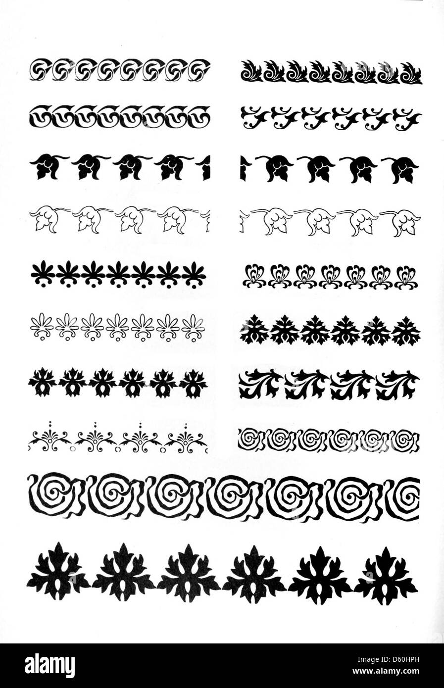 Dieser Katalog aus dem Jahr 1900 enthält eine große Auswahl an Typenexemplaren, Rändern, Ornamenten und Messingregeln, die für den Druck verwendet werden, und bietet Einblicke in die Werkzeuge und Designs, die in der Druckindustrie des frühen 20. Jahrhunderts verwendet werden. Stockfoto