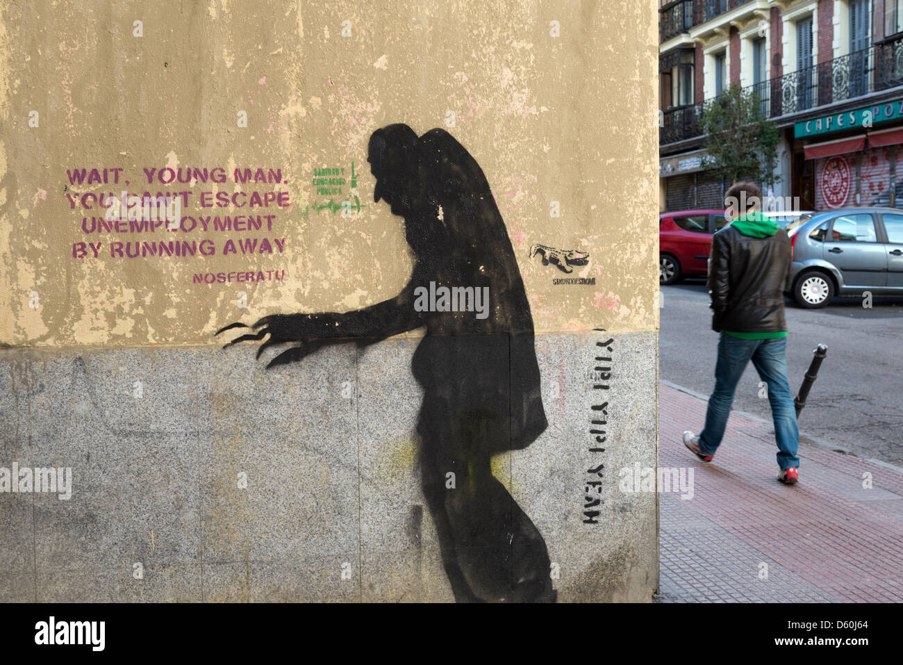 Graffiti gegen die Arbeitslosigkeit an einer Wand in Spanien Stockfoto