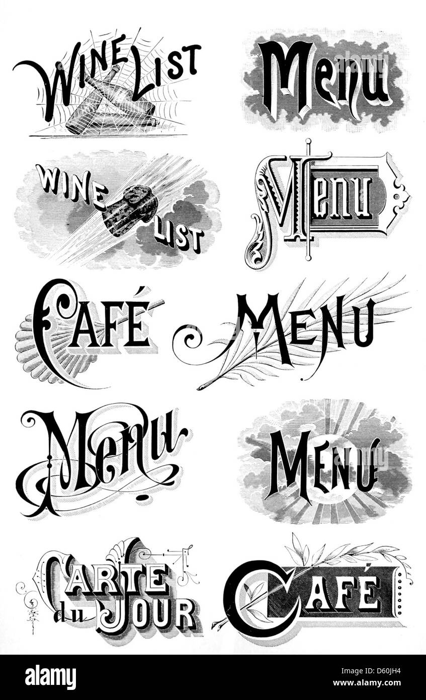 Eine Illustration aus dem „Desk Book of Type Examens“ (1900) mit einer dekorativen Schriftart und Schriftstücken für Menüs und Schilder, einschließlich Designs im Zusammenhang mit Wein. Dieses Bild hebt die Typografie für den kommerziellen Druck und die Beschilderung hervor. Stockfoto