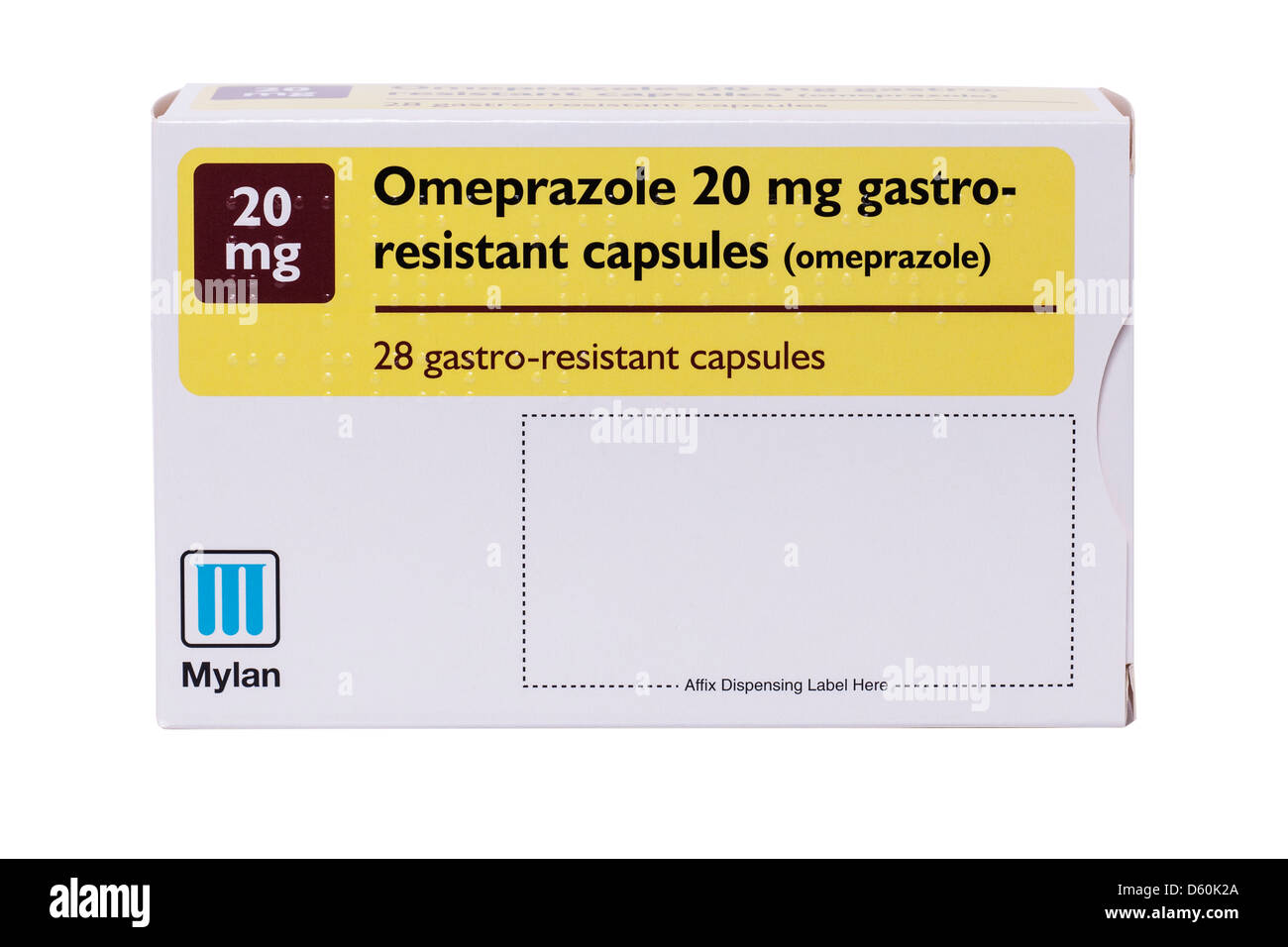 Eine Schachtel mit Omeprazol 20 mg magensaftresistente Kapseln auf weißem Hintergrund Stockfoto