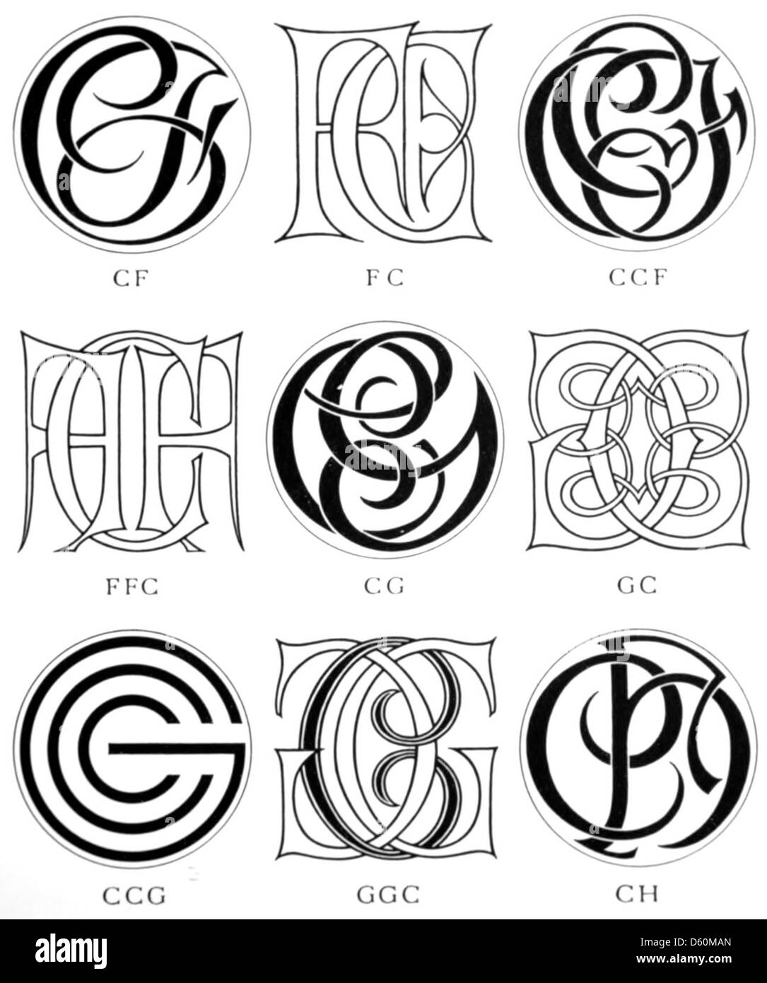 Dieses Design aus dem Jahr 1906 zeigt Monogramme und Chiffren, darunter verschiedene Schriften, Initialen und dekorative Typografie, die in formalen und persönlichen Insignien verwendet werden. Das Bild zeigt die Kunstfertigkeit des typografischen Designs des 20. Jahrhunderts. Stockfoto