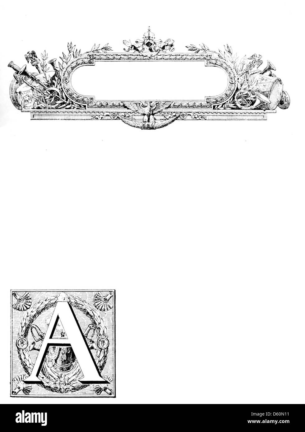 Dieses chromotypographische Frontispiece aus *XIXe Siècle* (19. Jahrhundert in Frankreich) zeigt detaillierte Abbildungen des französischen Lebens in den 1800er Jahren, darunter Kostüme, soziale Bräuche, Erfindungen und grafische Elemente wie Kappen und Initialen. Stockfoto
