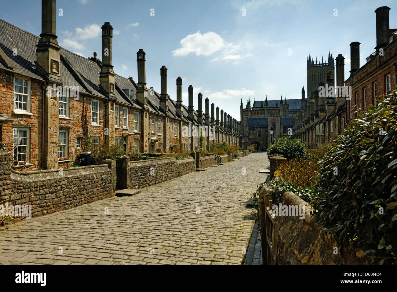 Vikare Close, Blick nach Süden in Richtung Kathedrale von Wells, Somerset, England Stockfoto