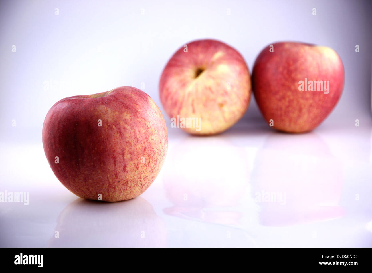 Der apfelrot auf weißem Hintergrund, Apples Fokus im Vordergrund. Stockfoto