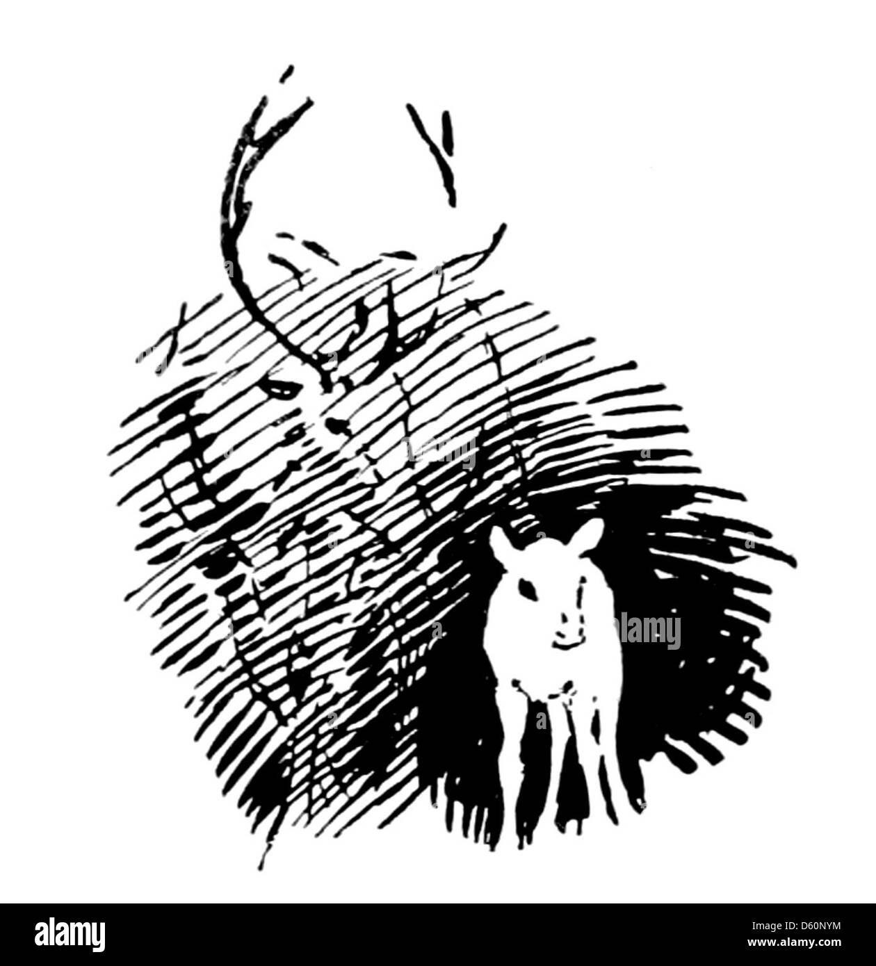 Dieses Bild zeigt einen Hirsch, möglicherweise als Teil einer Sammlung von Tierhelden, die die Tapferkeit oder Bedeutung von Tieren in verschiedenen menschlichen Erzählungen veranschaulichen. Die Illustration soll die würde und die heroische Natur des Tieres betonen. Stockfoto