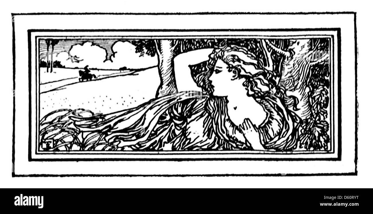 Eine Illustration aus A Book of Old English Ballads (1910), die eine Frau zu Pferd zeigt. Das Bild spiegelt wahrscheinlich Themen wie Abenteuer, Romantik und ritterliche Traditionen in englischen Balladen wider. Stockfoto