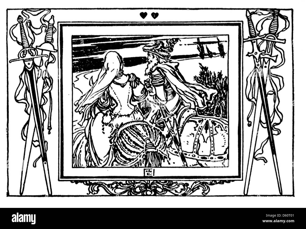 Eine Illustration aus „A Book of Old English Ballads“ (1910), die eine Szene mit Reitpferden und gekreuzten Schwertern darstellt. Das Bild fängt den Geist der englischen Balladen mit Themen wie Ritterlichkeit, Heldentum und mittelalterliche Schlachten ein. Stockfoto