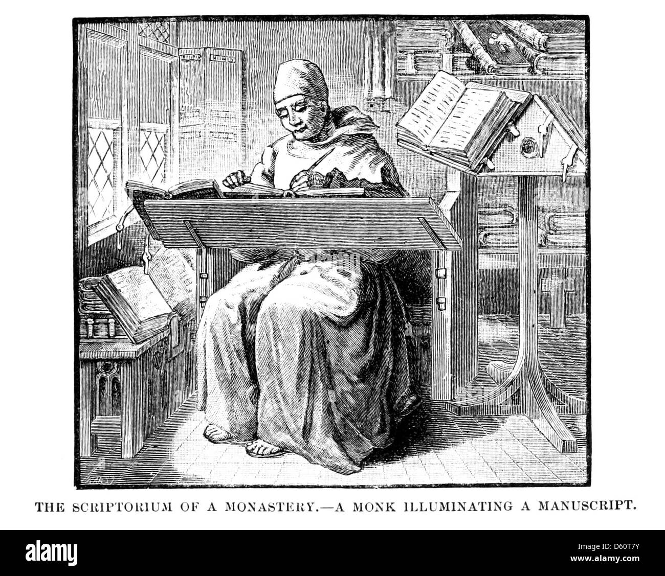 Eine Illustration aus dem Jahr 1899 aus „Eine kurze Geschichte der mittelalterlichen und modernen Völker“, die eine beleuchtete Handschrift eines mittelalterlichen Mönchs darstellt. Das Kunstwerk zeigt die komplizierten Entwürfe und farbenfrohen Illustrationen, die typisch für mittelalterliche Manuskripte sind. Stockfoto