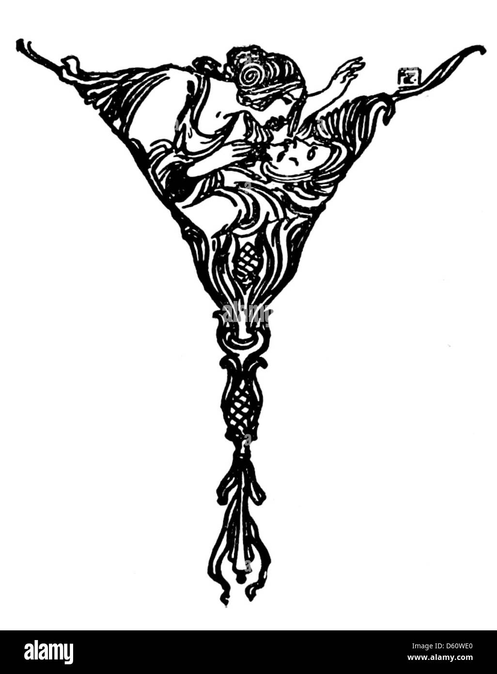 Diese Ausgabe von „A Book of Old English Ballads“ aus dem Jahr 1910 enthält Illustrationen, die von den Themen Liebe und Balz inspiriert sind, wie die romantische Geste des Kusses, die oft in historischen Balladen dargestellt wird. Stockfoto