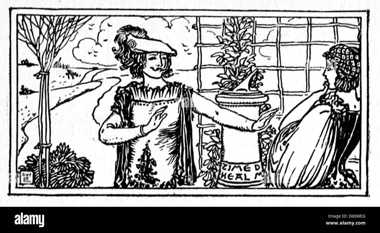 Eine Illustration aus „A Book of Old English Ballads“ aus dem Jahr 1910, die eine Sonnenuhr ohne Stoppmechanismus darstellt, die den Verlauf der Zeit im Kontext des Balladenerzählens darstellt. Das Bild fängt die zeitlose Qualität der englischen Balladen ein und verbindet die Symbolik der Zeit mit den traditionellen Themen der Balladen. Stockfoto