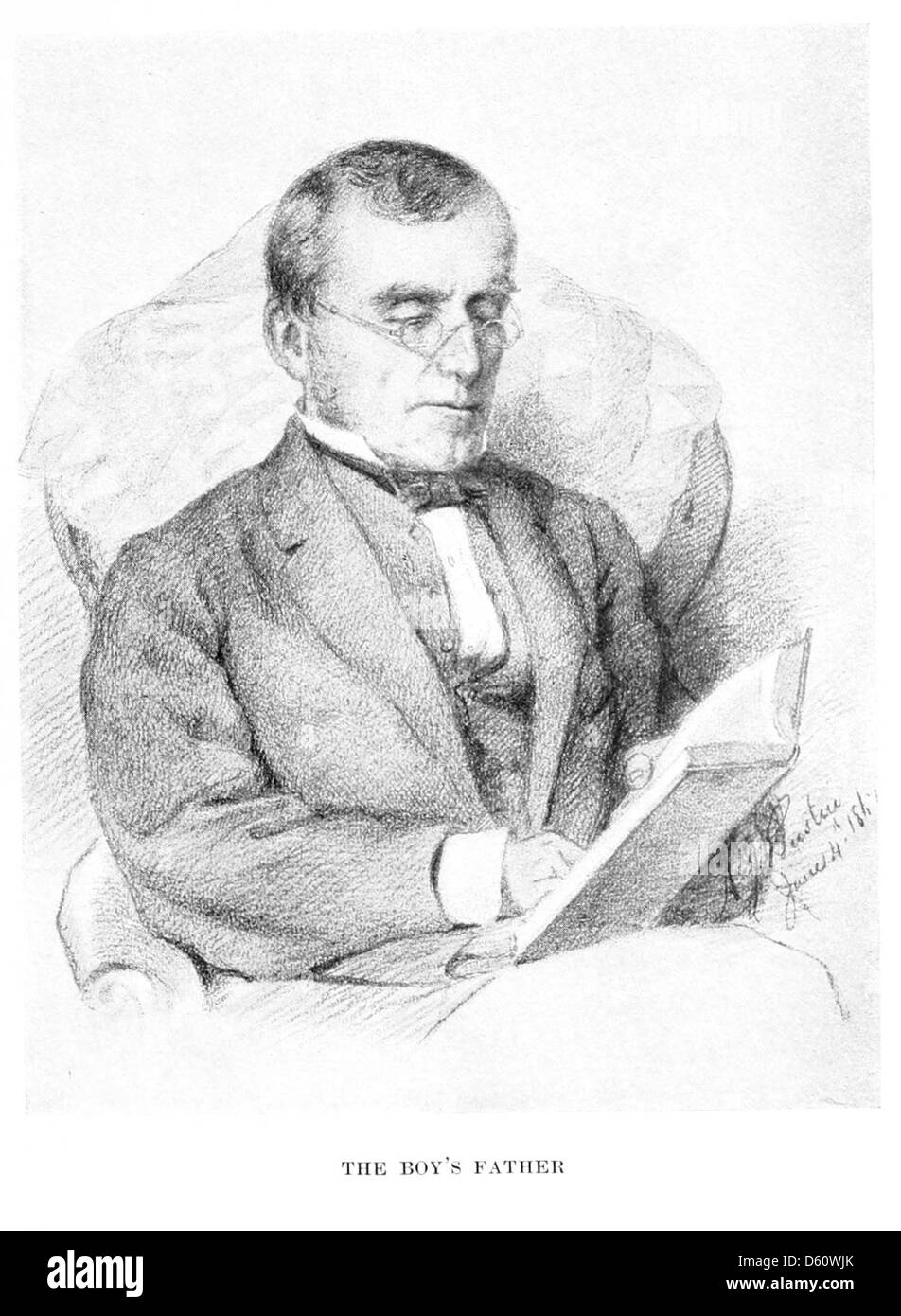 Ein Vintage-Foto aus dem Jahr 1898 mit einem Jungen und vier Hunden, die jeweils neben dem Jungen sitzen oder stehen. Der Junge hält eine Lesebrille in der Hand. Das Bild fängt einen Moment der Gemeinschaft zwischen dem Kind und seinen Haustieren ein. Stockfoto