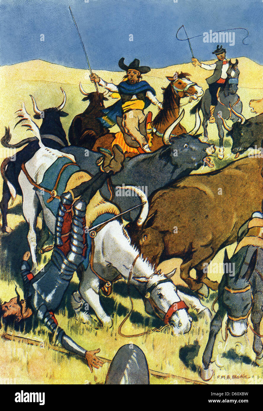 Don Quijote fordert Band von Männern mit Lanzen, aber er fällt vom Pferd, wie trampeln D. Quixote und sein Pferd Rozinante Stiere. Stockfoto