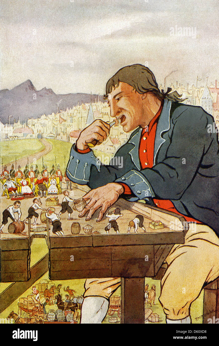 Gulliver wird von den Menschen in Lilliput Essen gegeben. Stockfoto