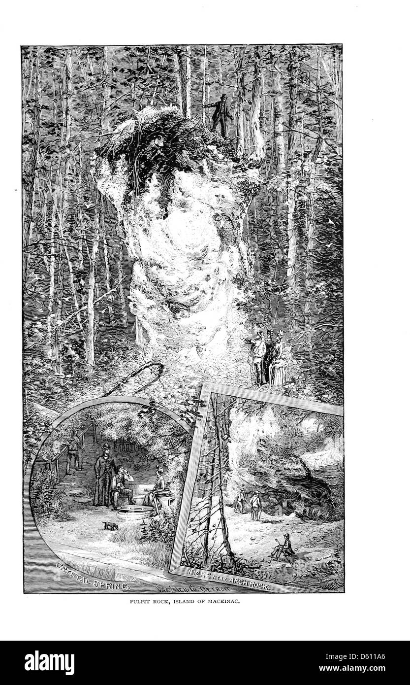 Ein Foto aus den 1890er Jahren, das eine malerische Tour nach Mackinac Island, Michigan, zeigt. Das Bild zeigt die natürliche Schönheit der Insel und der umliegenden Gewässer, die im späten 19. Jahrhundert bei Freizeitreisen beliebt waren. Stockfoto