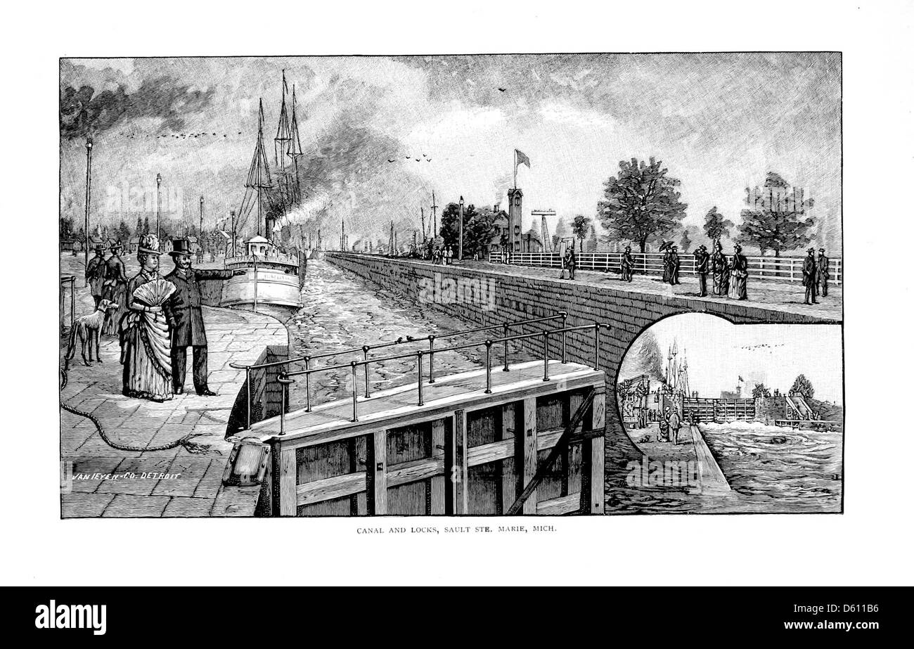 Ein Werbefoto aus dem Jahr 1890, das eine malerische Bootstour nach Mackinac Island in Michigan zeigt und die Aussicht auf den Sault St. Marie Canal und die umliegenden Landschaften unterstreicht, was die natürliche Schönheit der Gegend unterstreicht. Stockfoto