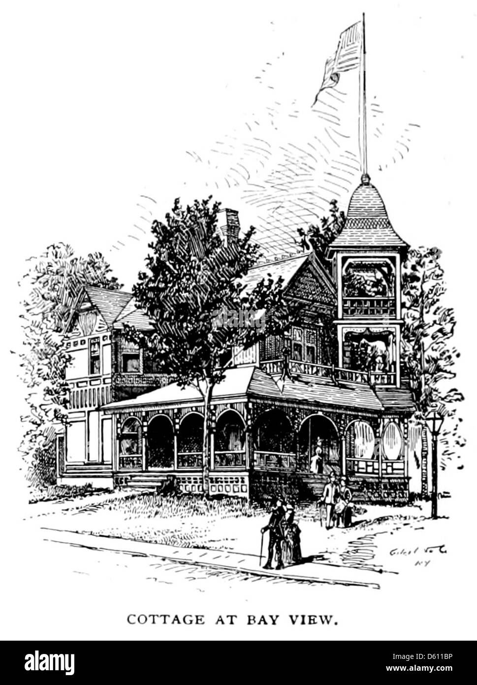 Dieses Foto aus dem Jahr 1890 zeigt einen malerischen Blick auf Mackinac Island, von einer Seetour mit dem D.& C. Dampfschiff aus gesehen. Das Bild zeigt einen Blick auf die Bucht mit bezaubernden Hütten auf der Insel, die den beliebten Tourismus und die Freizeit des späten 19. Jahrhunderts widerspiegeln. Stockfoto